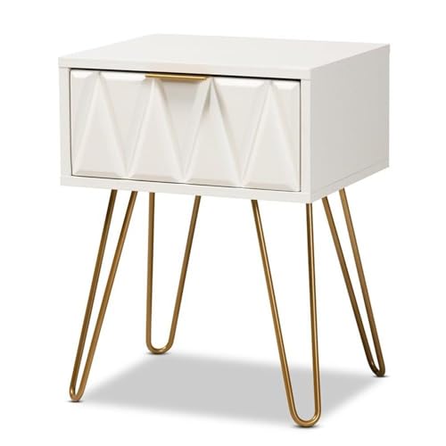 Baxton Studio Holbrook Contemporary Glam and Luxe White Finished Wood and Gold Metal 1-Drawer End Table